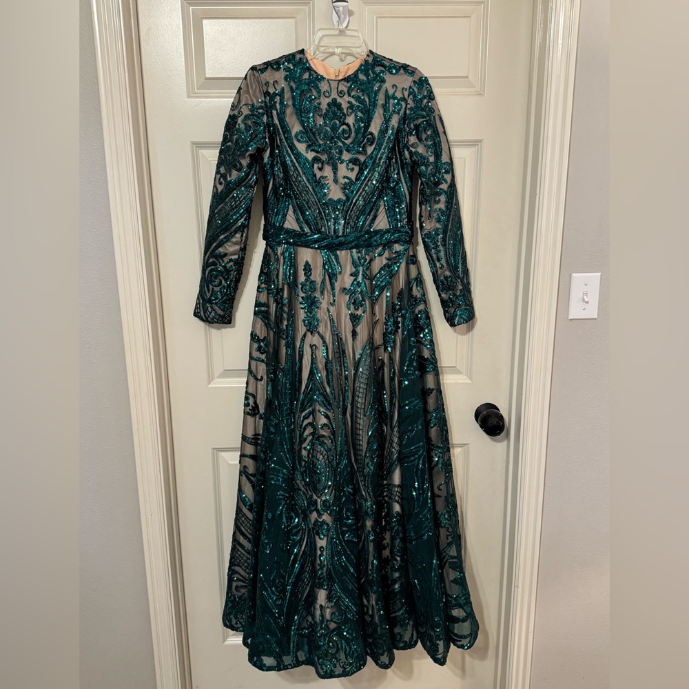 Long Sleeve Formal Gown Emerald Sequins